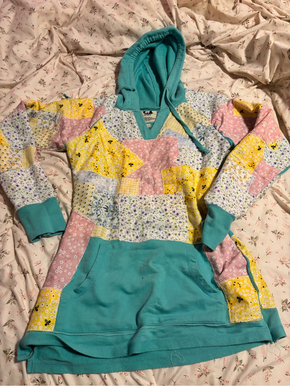 Handmade Patchwork Hooded Sweater in Teal and Pastel Prints